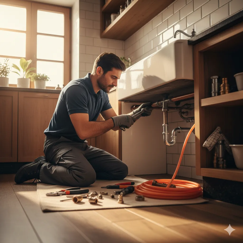 Canalizador profissional a realizar reparação de emergência